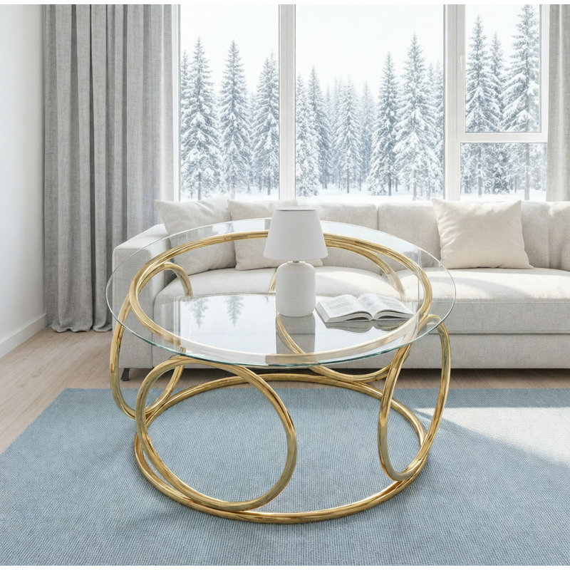 Table basse moderne à plateau rond en verre avec cadre circulaire en métal pour le salon, le bureau et le salon
