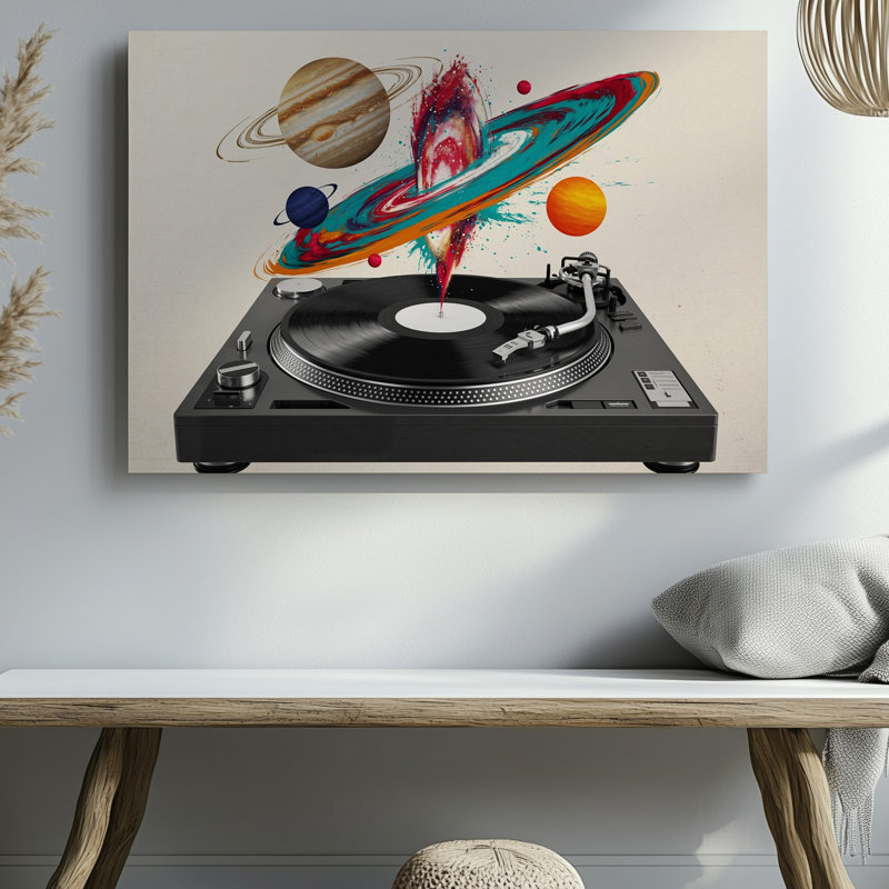 Toile dans cette composition abstraite vibrante, un tourne-disque classique au centre de la scène avec son disque vinyle noir brillant