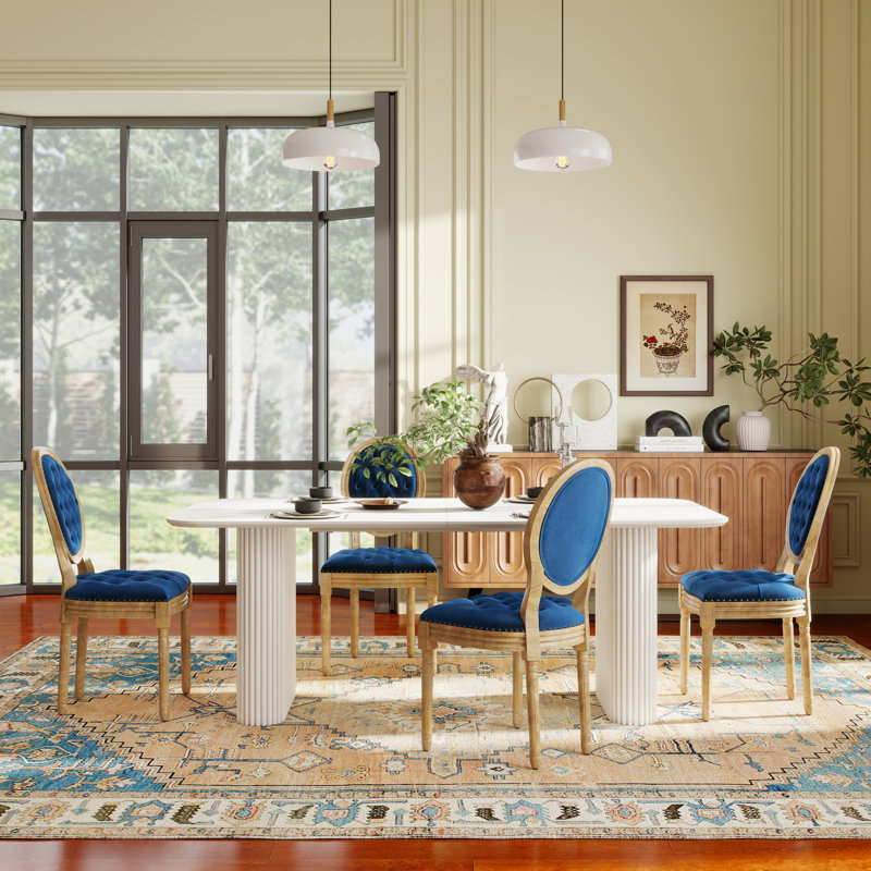 Chaise de salle à manger Mid-Century, Bleu, 5 pièces: table, 4 chaises, Blanc