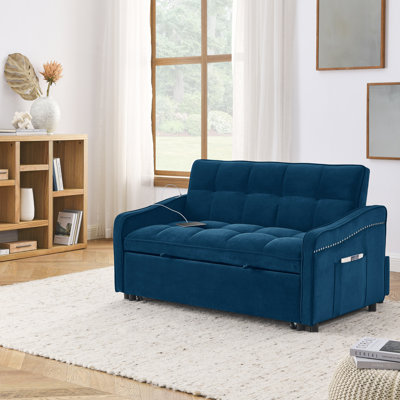 Canapé-lit escamotable avec dossier réglable, velours bleu, lit escamotable à dossier escamotable, rembourrage en velours, 47 po x 53 po x 31 po, 69 po x 45 po x 16,5 po