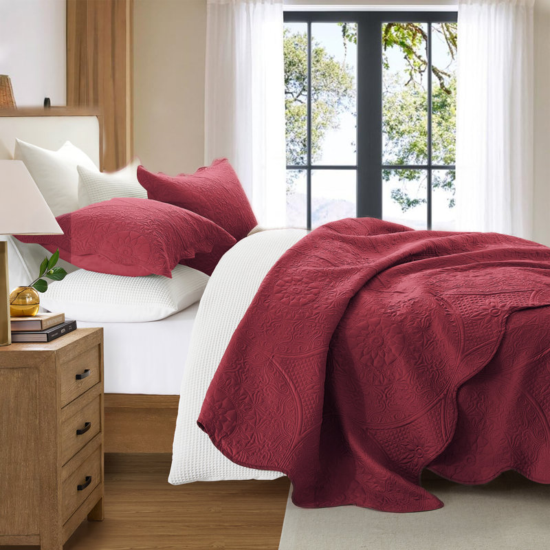 Floral Embossed Microfiber Quilted Bedspread Set, Burgundy, California King Bedspread + 2 King Pillowcases