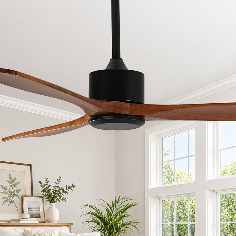 52-Inch Wood Ceiling Fan NO Light with Solid Wood Blades, Quiet Reversible DC Motor and Remote Control, Walnut