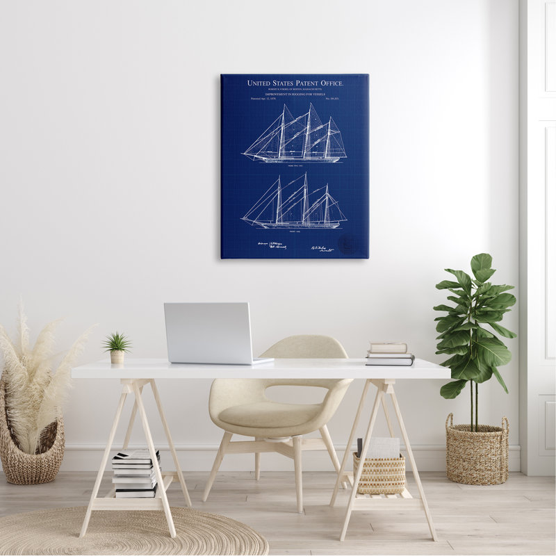 Schéma détaillé de brevet de bateau bleu, L 30 po x H 30 po, Plaque murale