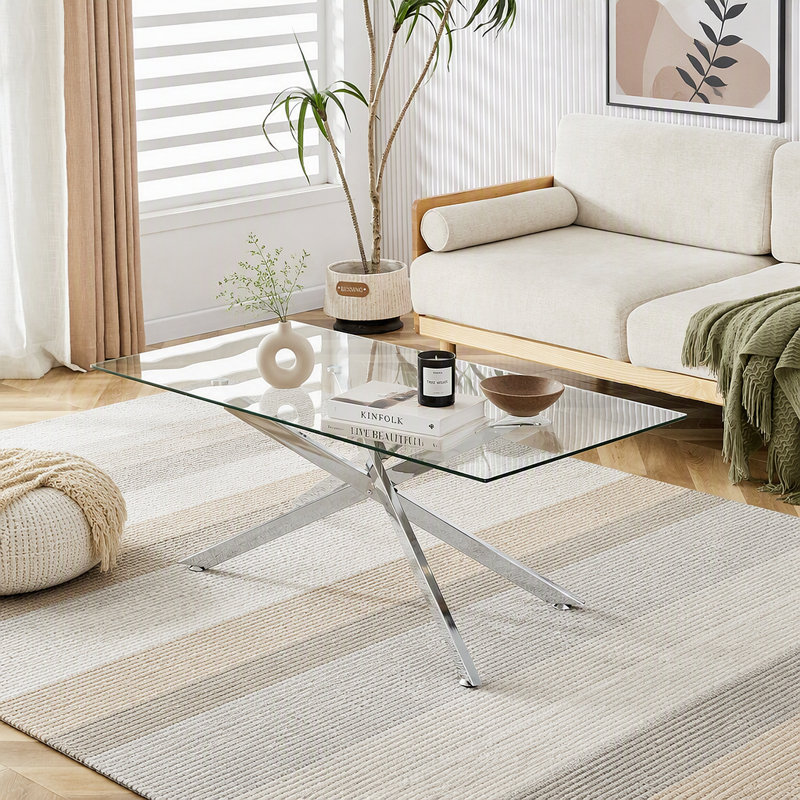 Table basse de 47,2 po rectangulaire en verre trempé transparent, conception élégante avec pieds en métal chromé argenté, table basse de salon