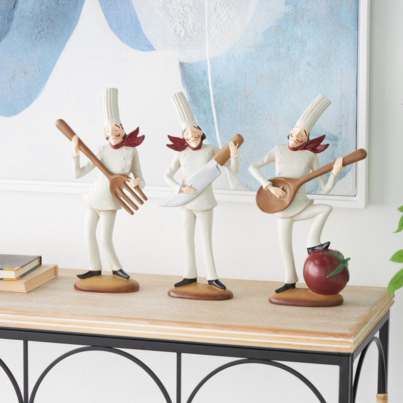 White Polystone Chef Decorative Sculpture with Musical Instruments, 3 Set of 14"H, 8"W