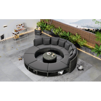 Outdoor Patio Furniture Luxury Circular Outdoor Sofa Set Rattan Sectional Sofa Lounge Set With Tempered Glass Coffee Table -  Hokku Designs, E156F04E728F469DA694F5E876A1390F