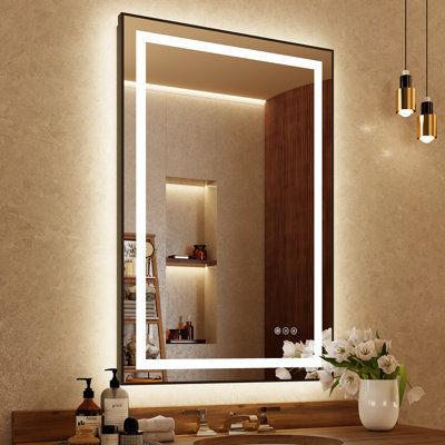 LED Black Framed Bathroom Mirror, Anti Fog, Front-lit and Back-lit 3 Color Dimmable Light