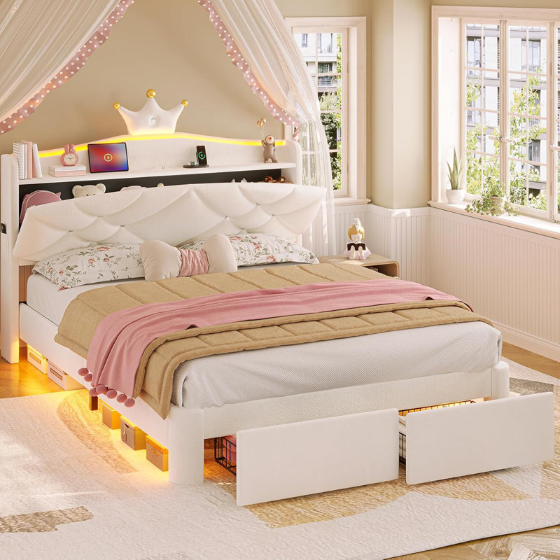 Upholstered LED Kids Bed with Drawer & Crown Headboard, White, Full