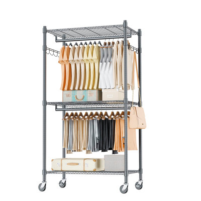 Porte-vêtements robuste avec tablettes grillagées réglables à 3 niveaux, placard autoportant à double tringle avec crochets latéraux
