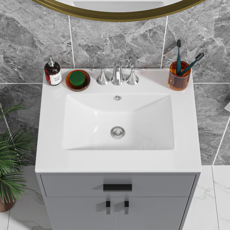 24"L White Ceramic Rectangular Bathroom Single Vanity Top Sink Only with Overflow, 4" Centerset
