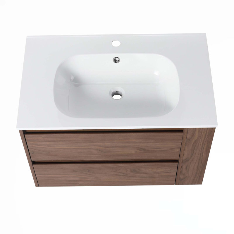 Meuble-lavabo mural 30 po avec lavabo en gel, tiroir à fermeture en douceur, Chêne brun