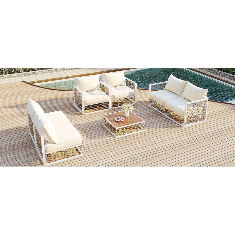 Ensemble de canapé modulaire de patio en métal 7 pièces, ensemble de conversation pour jardin avec coussins épais, Naturel