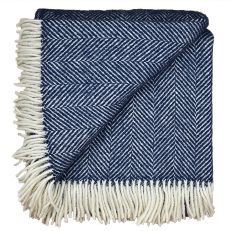 Couverture en laine pure new highland tweed chevrons Thiokk, Bleu marine/blanc