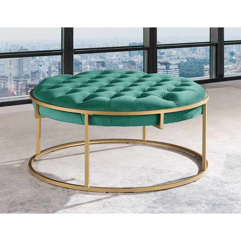 Dine 38" Round Velvet Ottoman , Green Velvet
