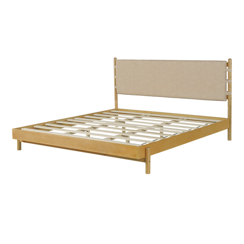 Larkston Mid-Century Modern Rubber Wood Platform Bed With Faux Leather Headboard, Beige/Natural, King