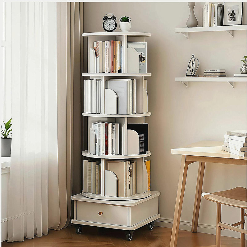 5 Tier Rotating Bookshelf, 360° Display Spinning Bookshelf with Wheels, Rotating Bookshelf Tower, White