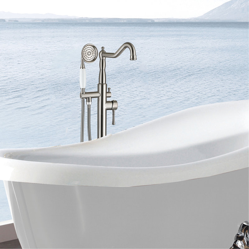 Brushed Nickel Bathtub Faucet With Hand Shower - Metal, 6.59 In. Width Stylish Metal Freestanding Corrosion , 12.99 Lb Bathroom Elegance