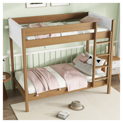 Lit superposé simple au-dessus de simple avec tête et pied de lit rembourrés Bouclé - Structure de lit pour enfant en bois d'hévéa naturel avec échelle, barrières de sécurité, conception en tissu douillet et douillet pour la chambre à coucher