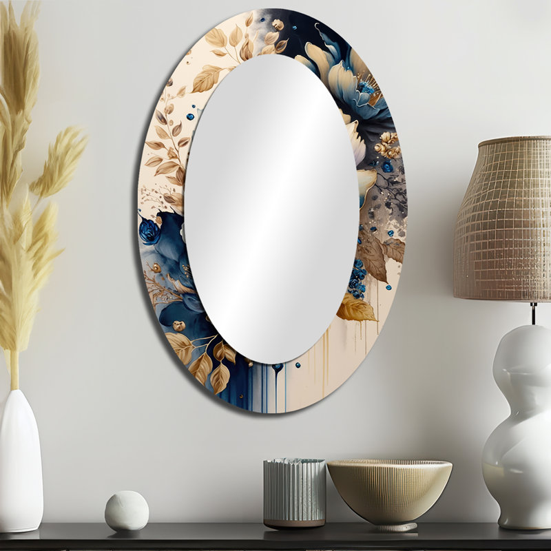 Miroir mural bleu et doré Floral Bunch III - Bleu, 36 po x 24 po