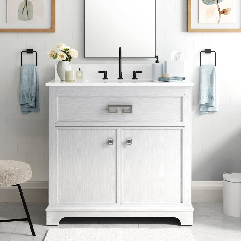 Meuble-lavabo sur pied simple 36 po avec comptoir en marbre d'ingénierie, lavabo en céramique, dosseret