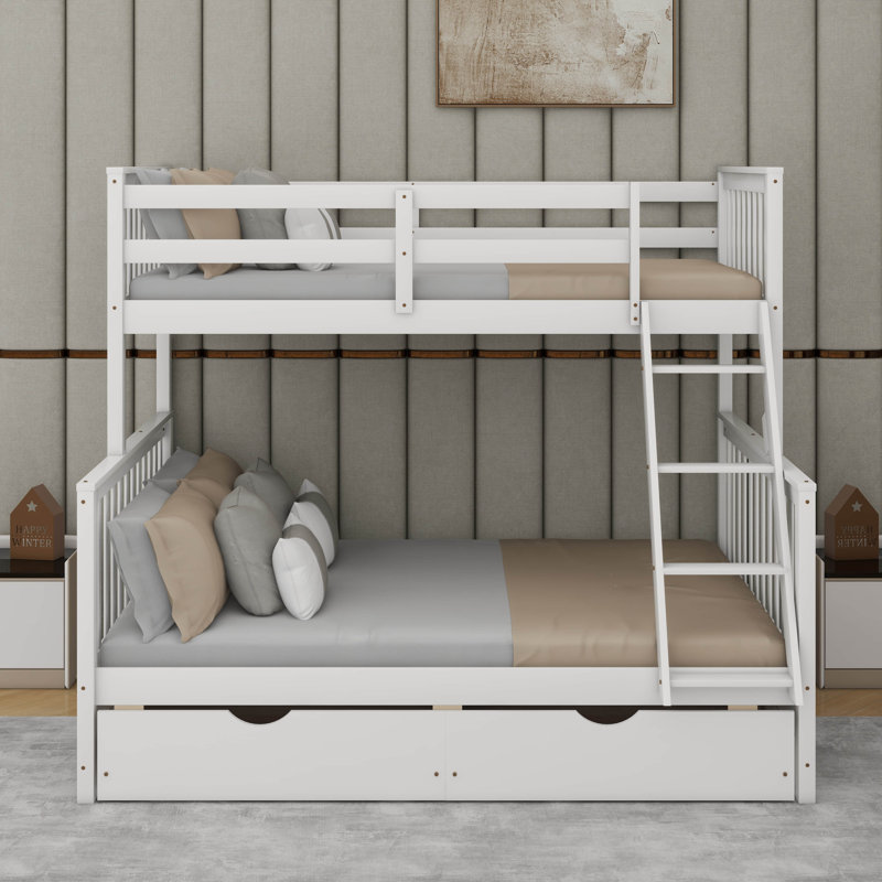 Twin Over Full Bunk Bed With Ladders And Drawers, White