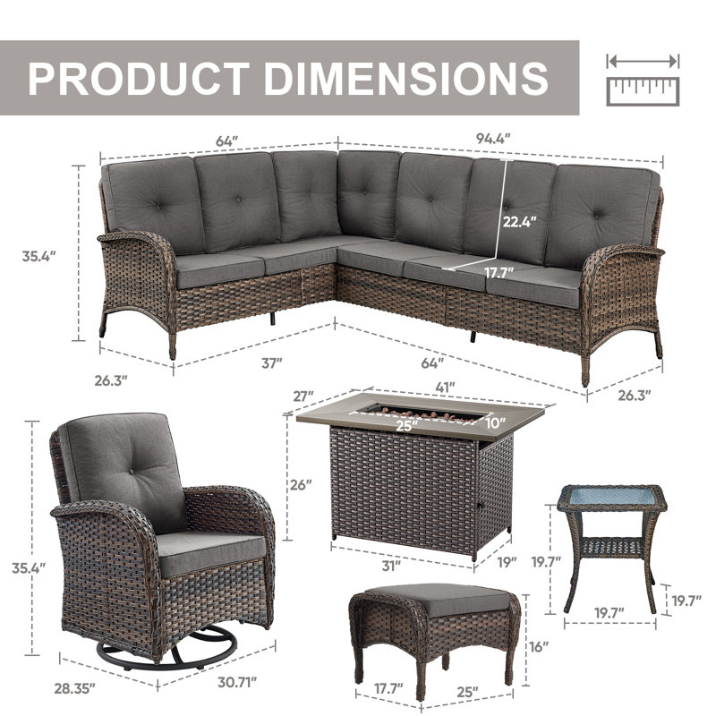 Ensemble de conversation modulaire en osier avec coussins et foyer d'extérieur 50 000 BTU pour 8 personnes Gaetanino, Gris