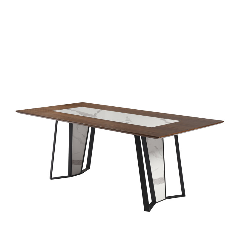 Arevalo Transitional 79 In. Rectangular Dining Table With Brown Wood And White Sintered Stone Table Top - Seats Up To 6