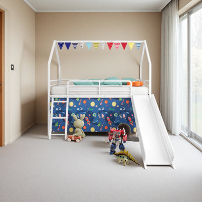 Jack Metal Junior House Twin Loft Bed With Slide And Curtain Set And Pennant Banner Flag And Star Stickers