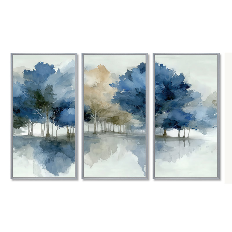 Bleu gris, aquarelle, érable, forêt, Canada - ensemble d'art mural érable, H 32 po x l 48 po, Argent argent