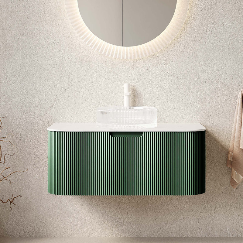 Meuble-lavabo flottant pré-assemblé avec rangement rayé et vasque en cristal
