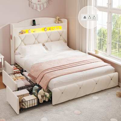 Full-Size Led Bed Frame With 3 Extra-Large Storage Drawers, Padded Storage Headboard With Power Outlet, Velvet Princess Castle Platform Bed, Sturdy Metal Frame, Beige.