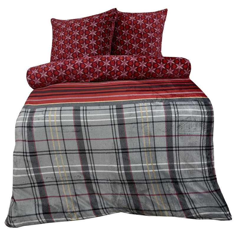 Mari Reversible Bed Linen Winter Teddy Plush Red/Grey, 220 x 240 cm + 2x 80 x 80 cm