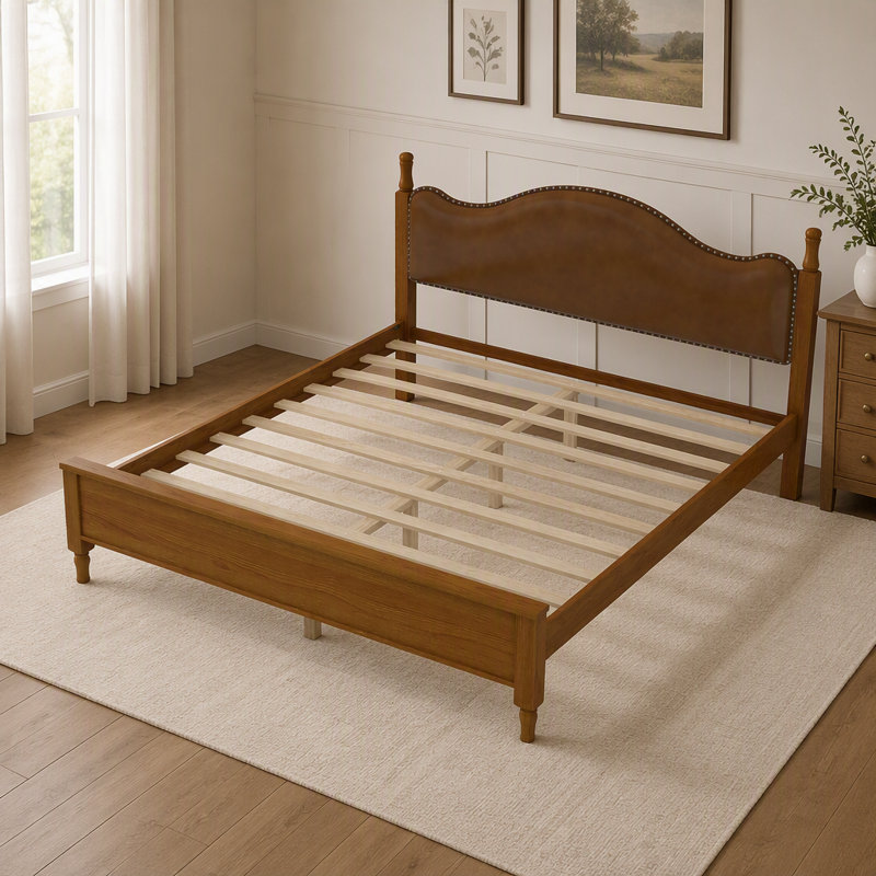 Lit plateforme très grand en bois avec tête de lit tapissier, Brun