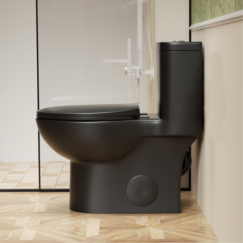 17" Height Toilet With 1.1/1.6 Tornado Flush, 12" Siphonic , Rimless Bowl, Soft-Close Matte Black Seat And 360 All-Around Wash Modern One Height, Bowl Pp