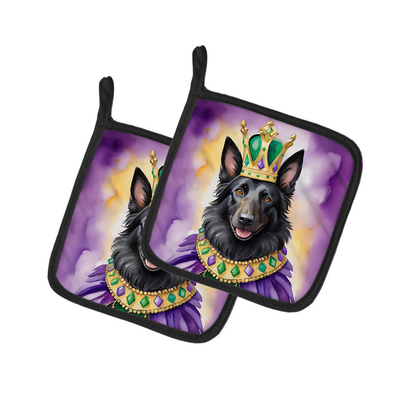 Belgian Sheepdog King of Mardi Gras Pair of Pot Holders