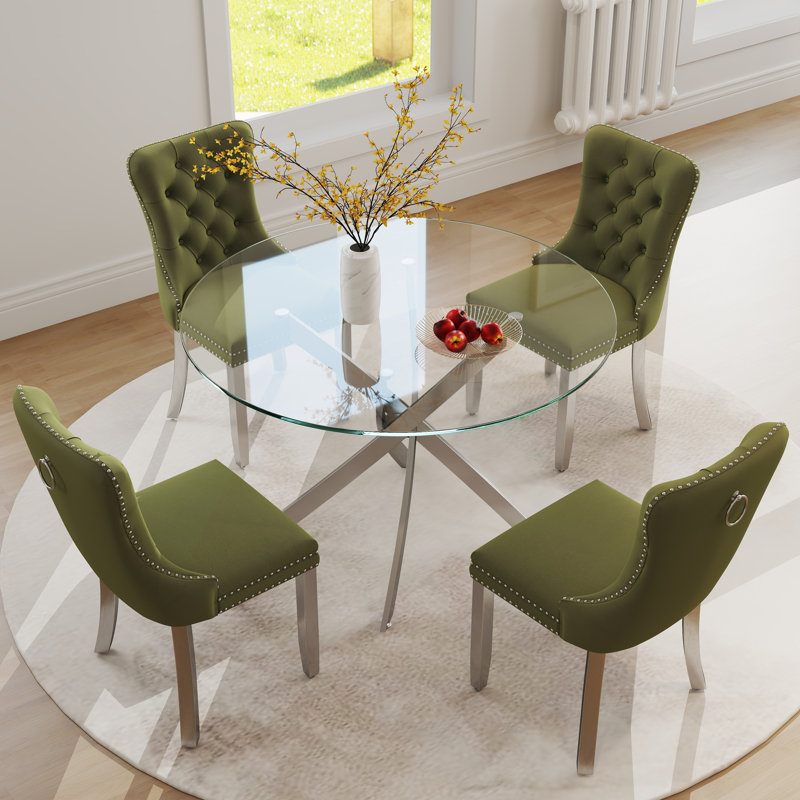 Ensemble de salle à manger Keyari, Vert olive, Argent, H 29,5 po x L 36 po x l 36 po