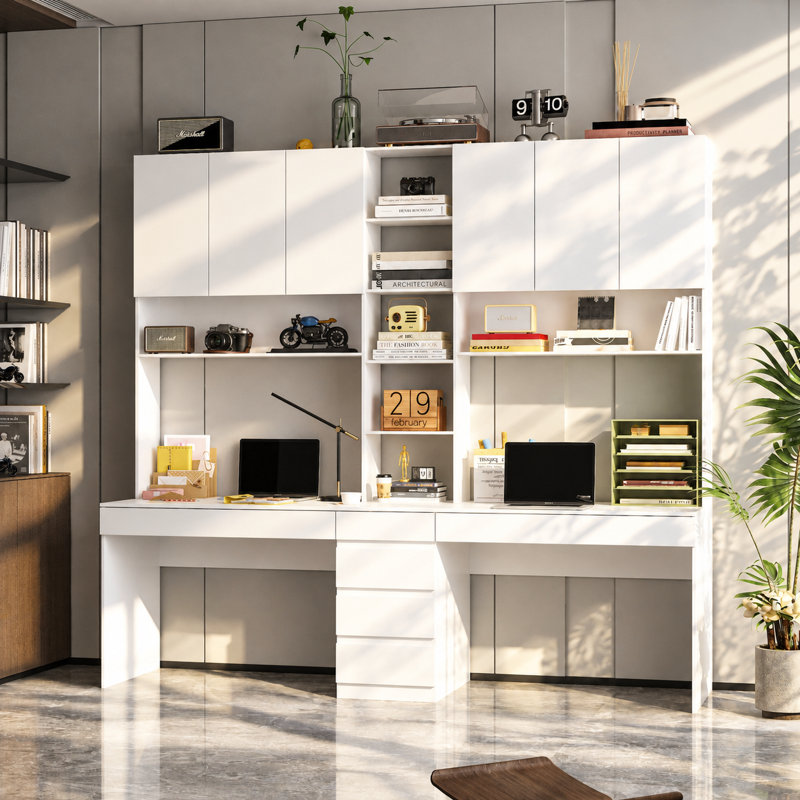 86.6'' H Bookcase with Desk, Open Shelves, 4 Storage Cabinets and 6 Drawers