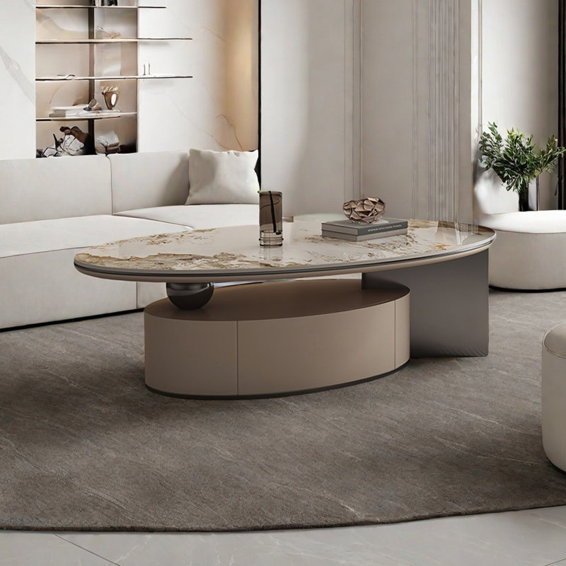 Table basse ovale légère et luxueuse, 16.5" H x 55.1" L x 31.5" W, Gris / Blanc