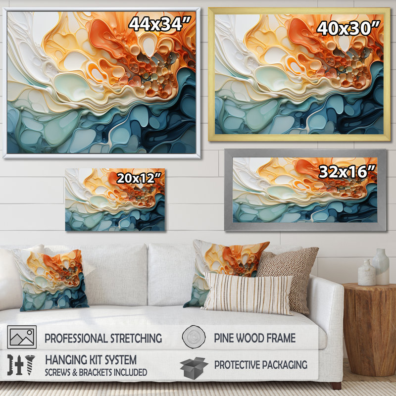 Encre bleue et orange, encre liquide, art mural abstrait à l'encre liquide, Cadre flottant noir, H 16 po x l 32 po x P 1 po