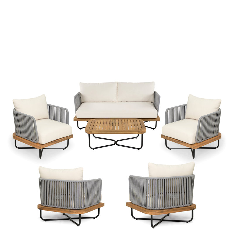 Outdoor 6-Pieces Acacia Wood And Rope Woven Paito Conversation Set, Beige