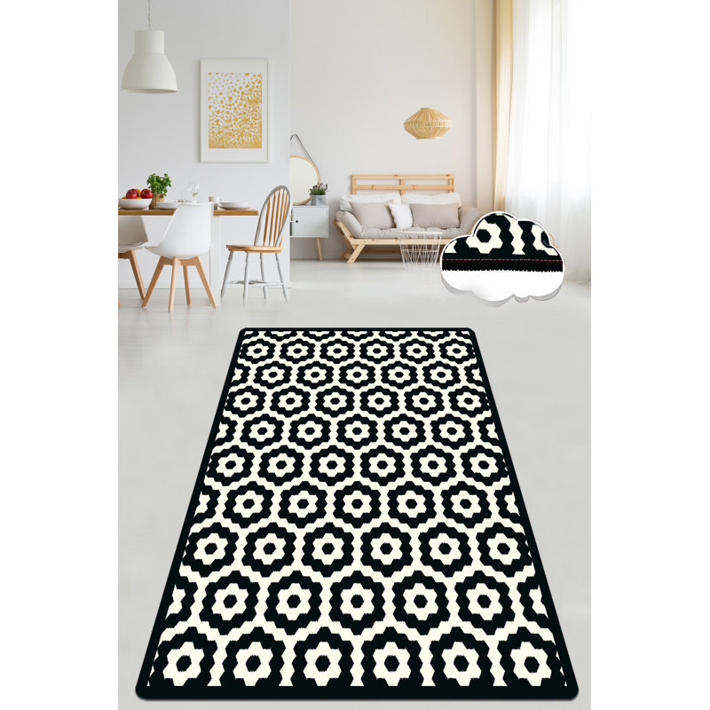 Stylish Area Carpet 4.6 x 6.2 ft, Black & White | 100% Polyester, 0.16 in Pile Height, Antibacterial & Non-Slip Underside | Machine Washable, Easy Care | Perfect for Living Room, Bedroom, and More