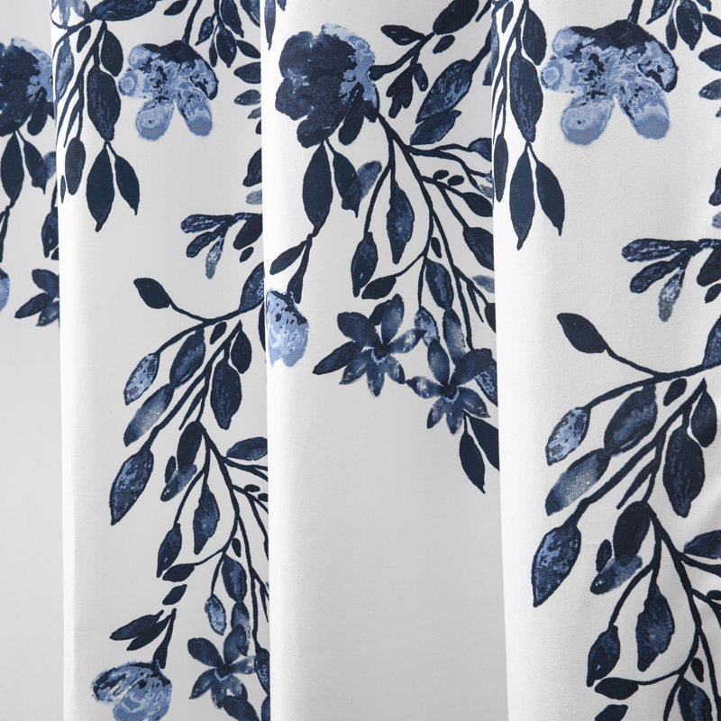 Navy and White Floral Polyester Shower Curtain