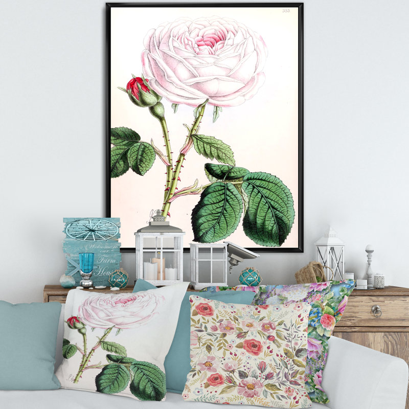 Fleur rose rétro - peinture sur toile, H 32 po x l 16 po x P 1 po, Cadre flottant noir