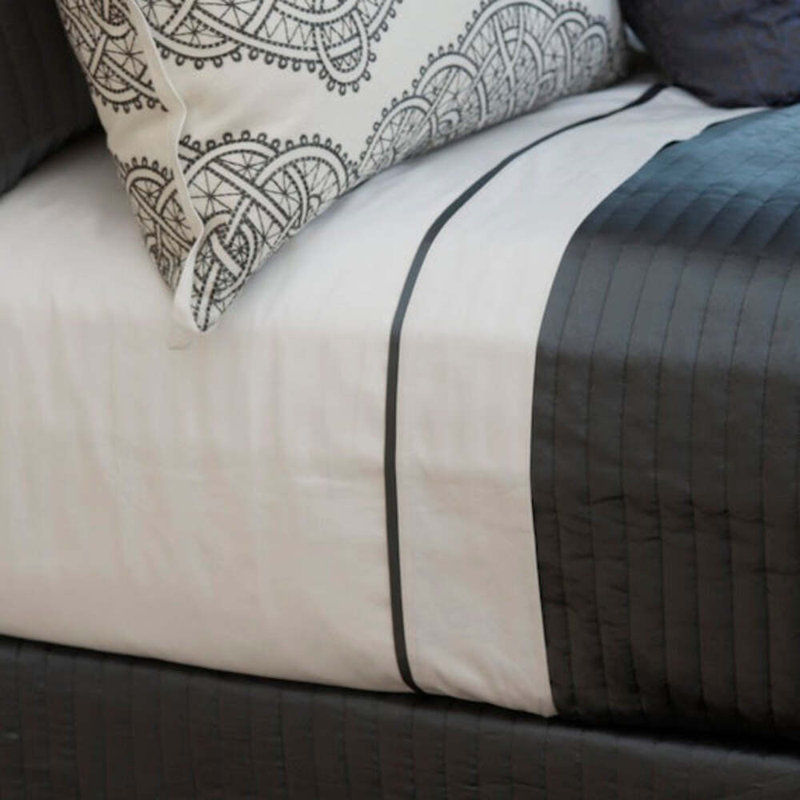 Silk Trim Sheet Set, White/Charcoal, King Sheet Set with 2 Pillowcases