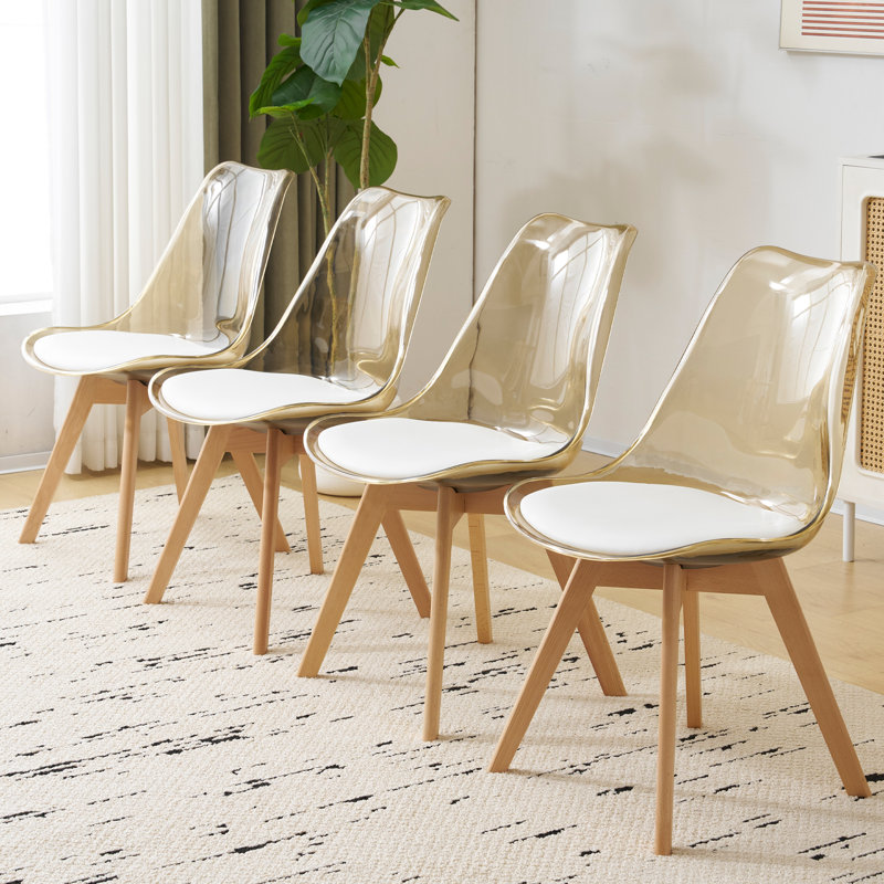 Amber Clear Brown Plastic and Wood Side Chair Set