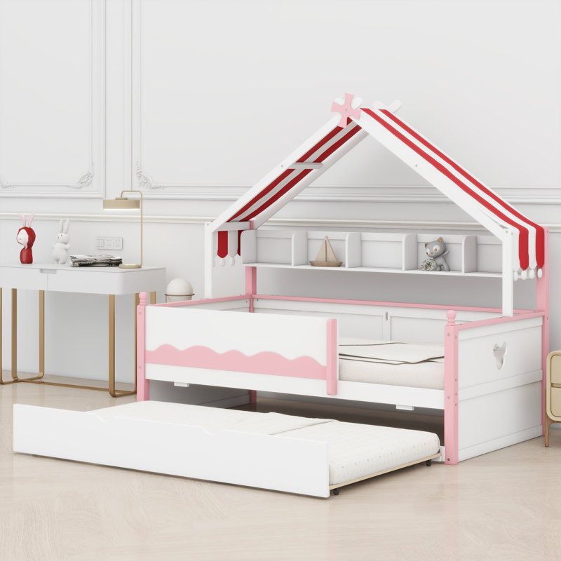 Lit de jour moderne avec tablettes intégrées, Lit simple, Blanc + rose