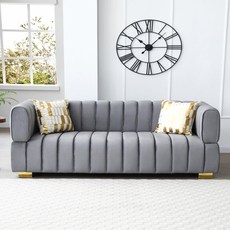 Luna, Channel-Tufted Modern Velvet Sofa, Gray