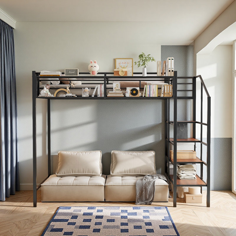 Twin Size Metal Loft Bed With Storage Stairs, Black