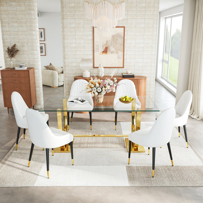 Modern Rectangular Glass Dining Table Set, Tempered Glass Top, Polished Stainless Steel W-Shaped Base, Faux Leather Chairs