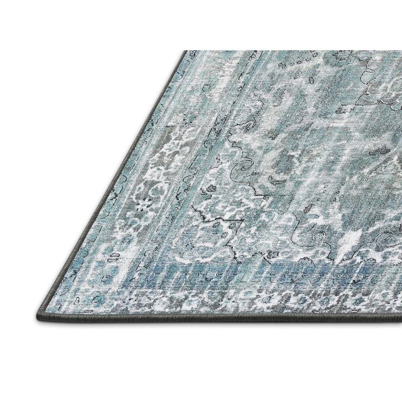 Tapis bleu ciel/gris traditionnel Malaptias, Rectangle 3 pi x 5 pi